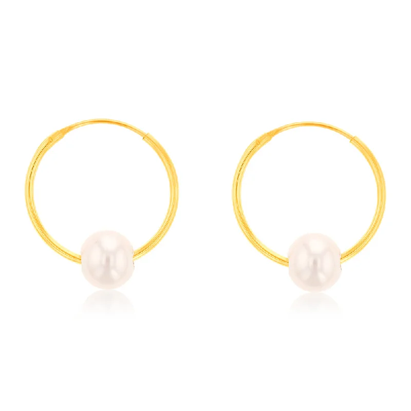 Classic Round Earrings for Weddings-9ct Yellow Gold 5mm Fresh Water Pearl 13mm Sleeper Earrings