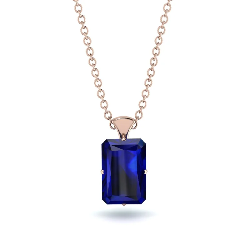 Fashionable Beaded Necklace with Mixed Stones-Hidden Halo Emerald Cut Sapphire Necklace - Vanessa No. 29