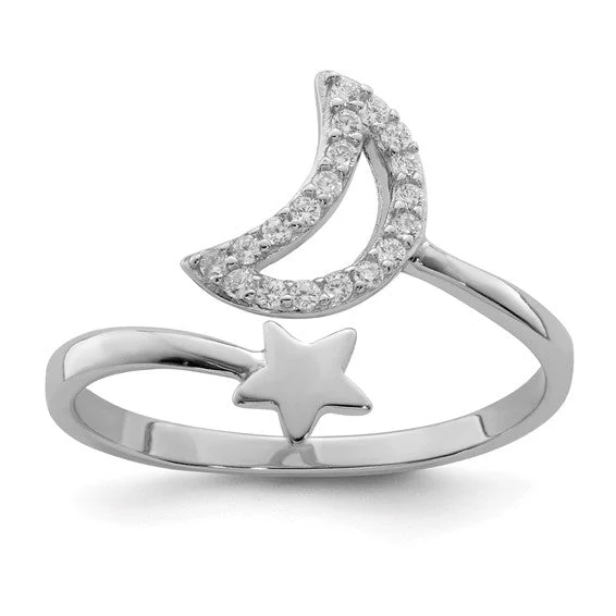 Classic Solitaire Engagement Ring with Round Sapphire-Sterling Silver CZ Moon And Star Ring