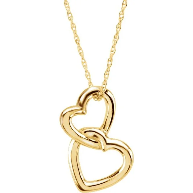 Simple Silver Pendant Necklace for Women-14K Yellow Gold Solid Double Heart 18" Necklace