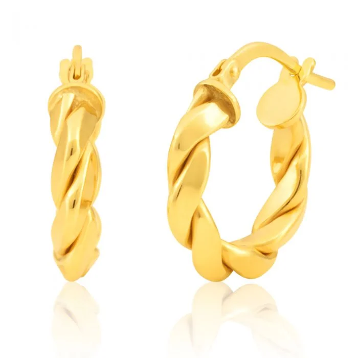 Trendy Long Drop Earrings-Silverfilled 9ct Yellow Gold Fancy Twist 10mm Hoop Earrings