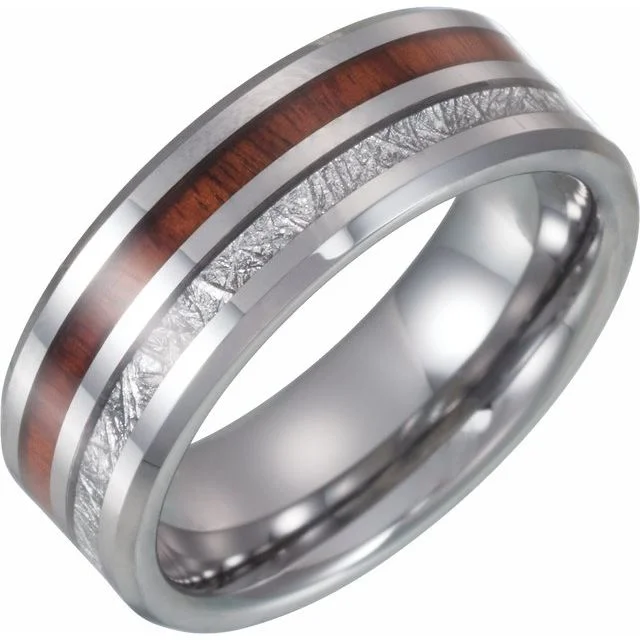 Personalized Men’s Ring with Date Engraving-Tungsten Band with Imitation Meteorite & Wood Inlay