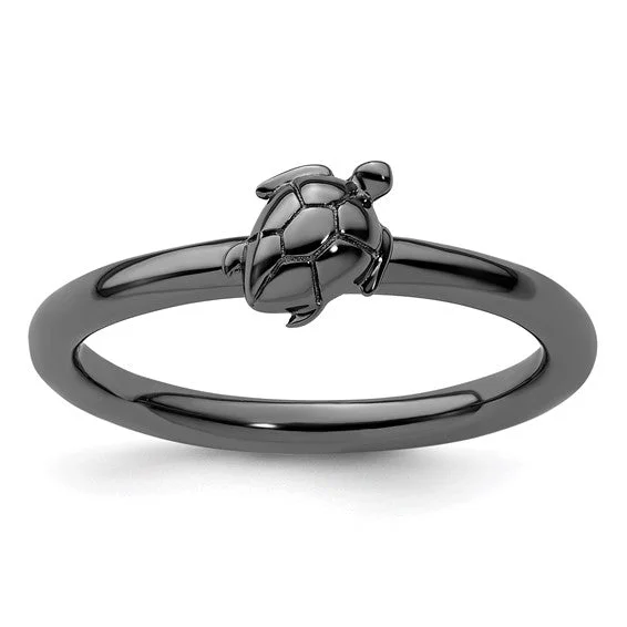 Unique Engagement Ring with Sapphire and Diamond-Black-Plated Sterling Silver Stackable Expressions Turtle Ring