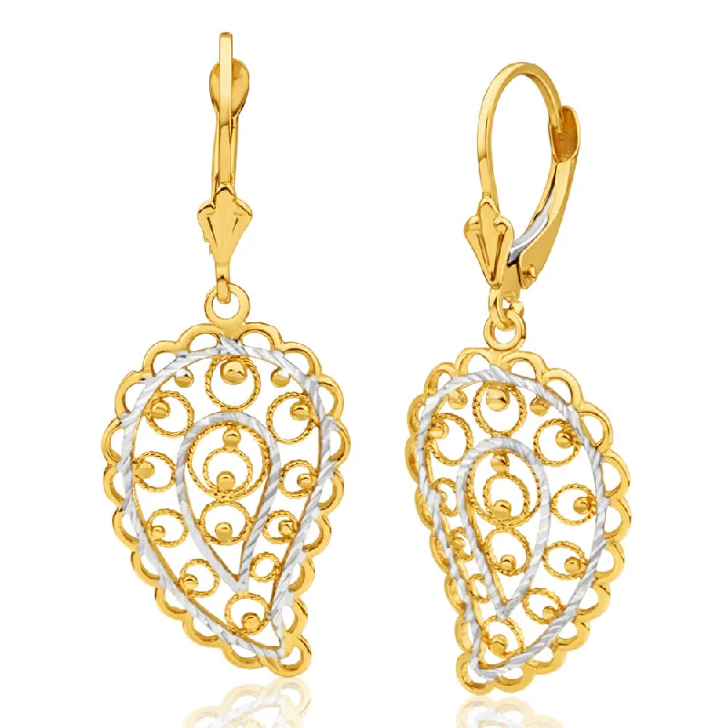 Large Diamond Hoop Earrings-9ct Yellow Gold & White Gold Drop Earrings Filigree Leaf Design