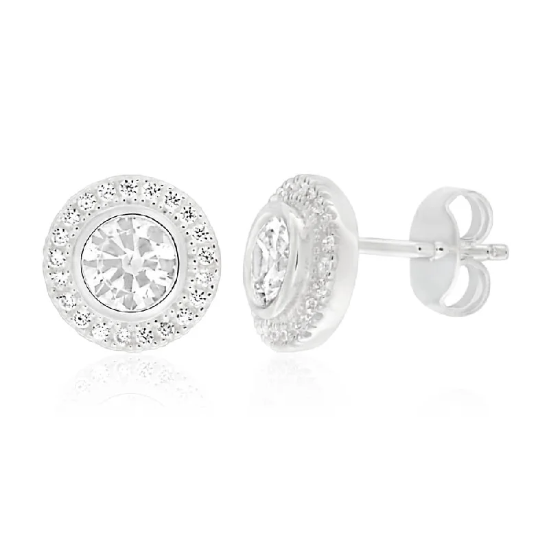 Fashionable Hoop Earrings with Charms-Sterling Silver Cubic Zirconia Round Halo Stud Earrings