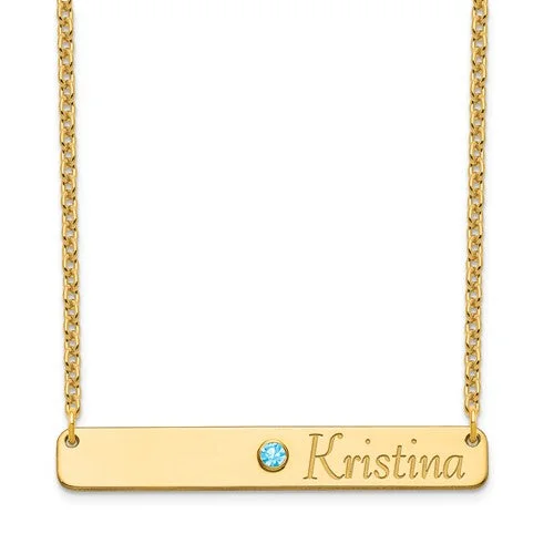 Chunky Gold Necklace for Bold Looks-Center Crystal Birthstone & Right Aligned Name Bar Necklace