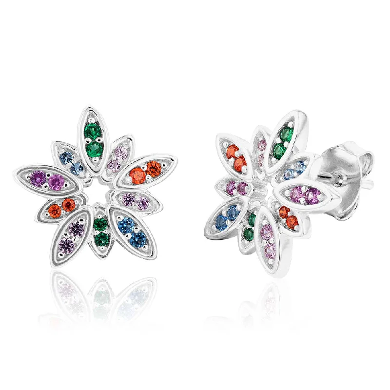 Custom Diamond Stud Earrings-Sterling Silver Rainbow Multicolour Cubic Zirconia Flower Stud Earrings