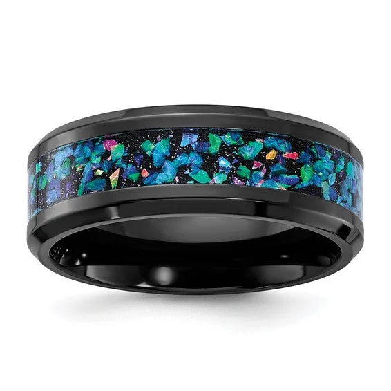 Classic Gold Engagement Ring with Halo Diamond-Black Zirconium with Black & Blue Imitation Opal Inlay 8mm Men's Band