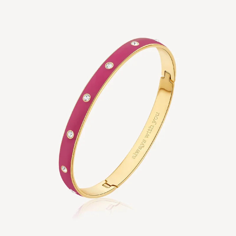 Luxury Silver Bangles with Aquamarine Stones-Stainless Steel Gold Tone Latching Bangle with Fuchsia Enamel