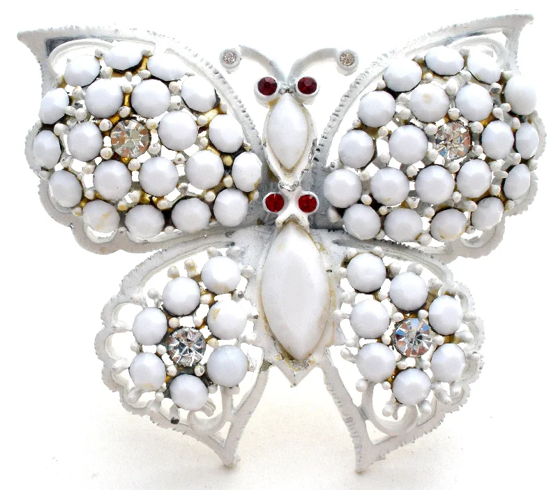 Brooch For Seasonal Outfits-Weiss Milk Glass Rhinestone Butterfly Brooch Pin Vintage