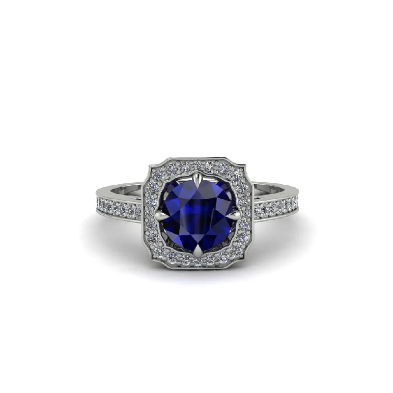 Elegant Gold Ring with Gemstone and Diamond Accents-Sapphire Cathedral Halo Engagement Ring - Luciana No. 15