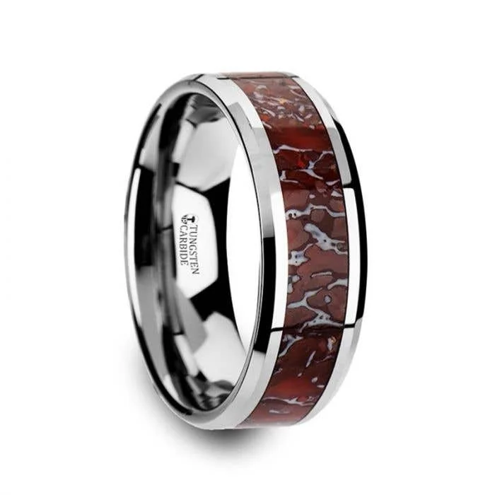 Elegant Wedding Ring Set with Multiple Diamonds-Thorsten JURASSIC Red Dinosaur Bone Inlaid Tungsten Carbide Beveled Edged Ring - 4mm & 8mm