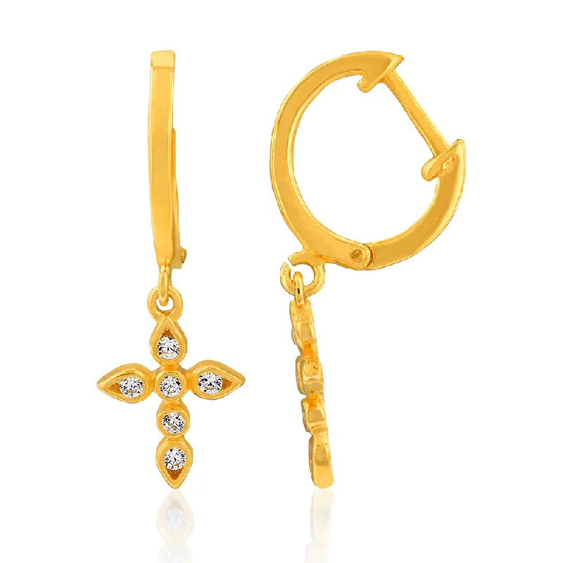 Handcrafted Crystal Earrings for Brides-Sterling Silver Gold Plated Cubic Zirconia Cross On Hoops Earrings