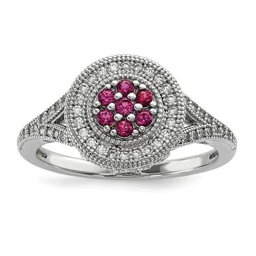 Classic Wedding Ring Set for Brides with Diamonds-Sterling Silver White & Pink CZ Brilliant Embers Round Floral Halo Ring