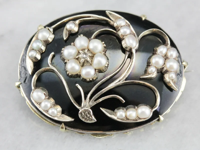 Brooch With Swarovski Crystals-Antique Floral Seed Pearl and Diamond Brooch