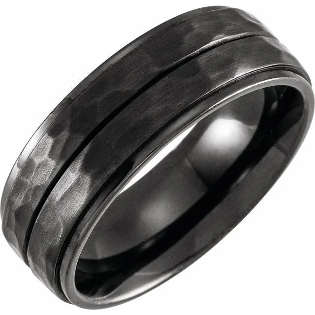 Personalized Men’s Wedding Ring with Hammered Texture-Black Titanium 8 mm Grooved Flat Edge Band