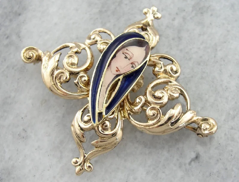 Stylish Brooch For Boho Fashion-Scrolling Filigree Brooch with Modernist Virgin Mary Center