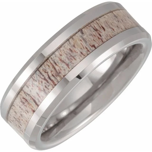 Trendy Engagement Ring with Halo Design-Tungsten 8 mm Beveled Band with Velvet Antler Wood Inlay