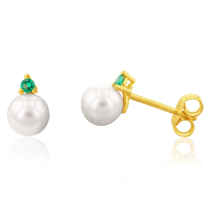 Fashionable Gold Earrings for Teens-9ct Yellow Gold Green Cubic Zirconia Pearl Stud Earrings