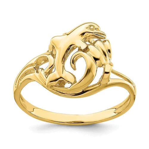 Elegant Wedding Ring with Emerald and Diamond Inlay-14k Yellow Gold Dolphin Jumping In Wave Ring