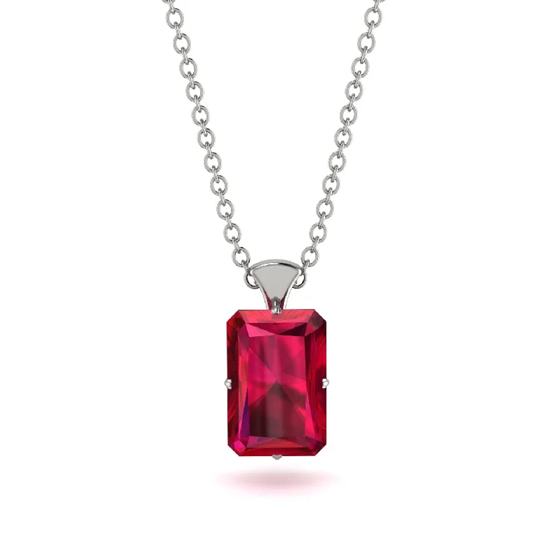 Custom Birthstone Necklace for Grandma-Hidden Halo Emerald Cut Ruby Necklace - Vanessa No. 12