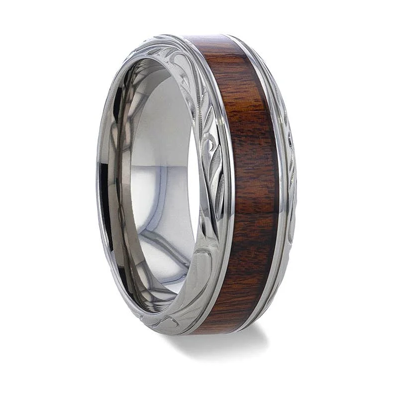 Luxury Wedding Band for Men with Diamond Details-Thorsten KRAFT Black Walnut Wood Inlay Detailed Beveled Edges Titanium Polished Wedding Ring - 8mm