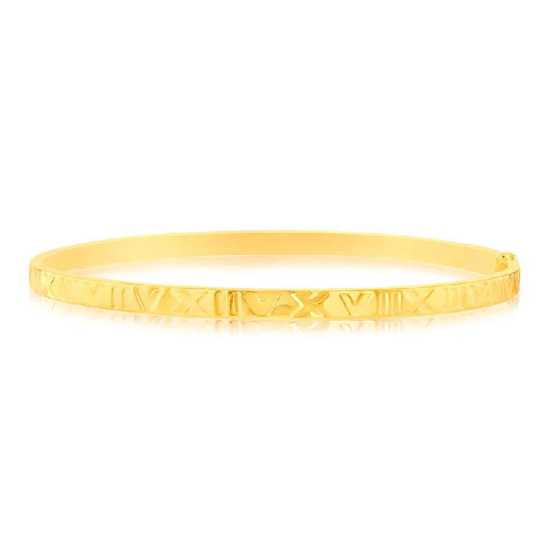 Customizable Silver Bangles with Inspirational Quotes-9ct Yellow Gold Silver filled 4mm Wide Roman Numeral 65mm Bangle