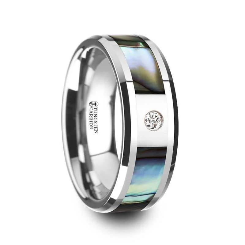 Designer Titanium Men’s Ring with Custom Text-Thorsten HONOLULU Mother of Pearl Inlay Tungsten Carbide Ring with Beveled Edges and White Diamond - 8mm