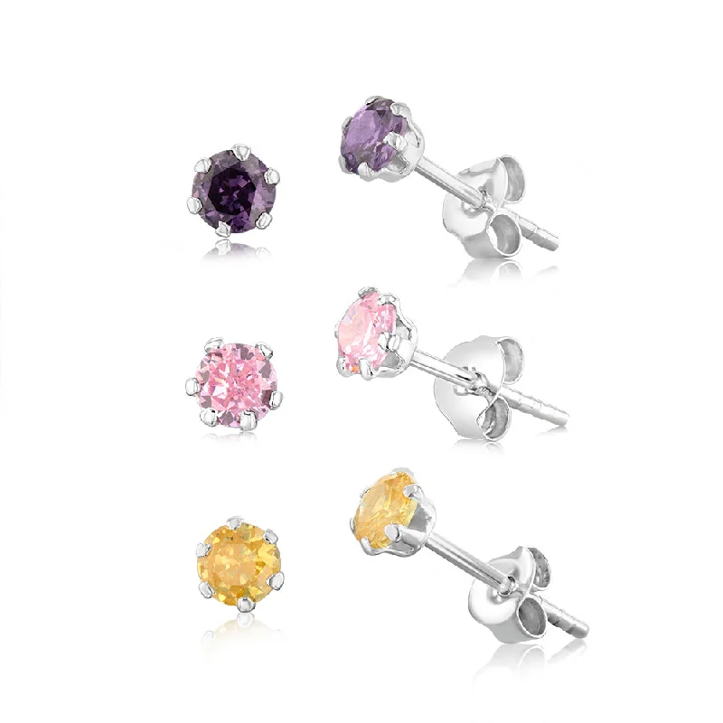 Elegant Stud Earrings with Diamonds-Sterling Silver Curbic Zirconia Studs Earrings Set of 3 - Pink Amethyst Yellow