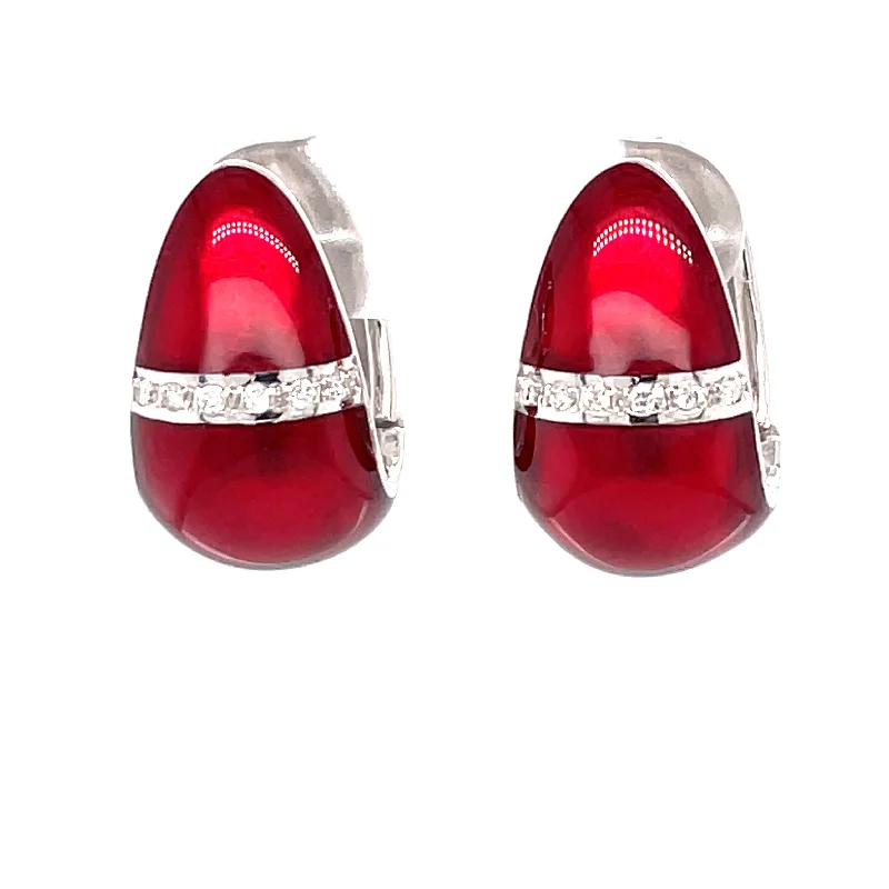 Stylish Gemstone Earrings for Weddings-Sterling Silver, Ruby Enamel, & Diamond Teardrop Shape Huggie Hoop Earrings by SOHO