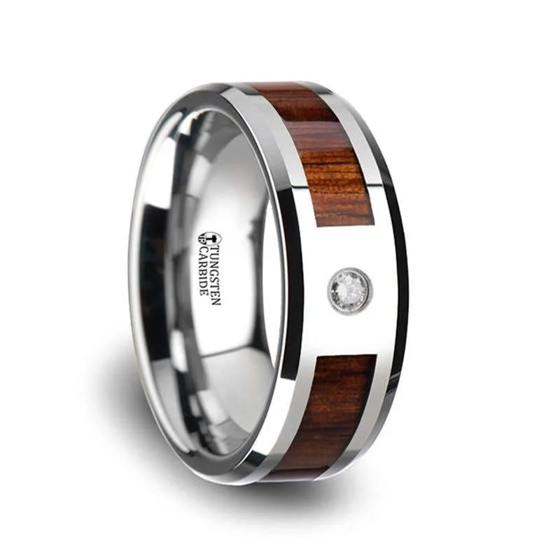 Custom Engagement Ring with Radiant Cut Diamond-Thorsten KAHUNA Tungsten Carbide Beveled Edged Diamond Wedding Band with Koa Wood Inlay & Polished Edges - 8mm