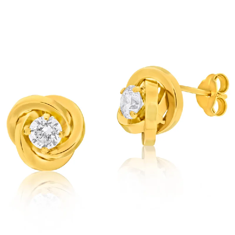 Classic Teardrop Earrings for Weddings-9ct Yellow Gold Cubic Zirconia Polished Knot Stud Earrings