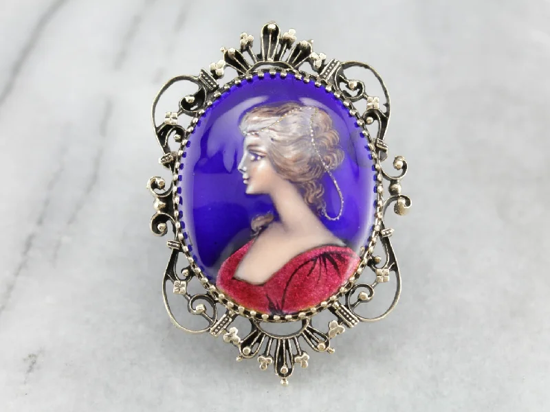 Unique Brooch With Rhinestones-Exquisite Enamel Porcelain Cameo Brooch or Pendant