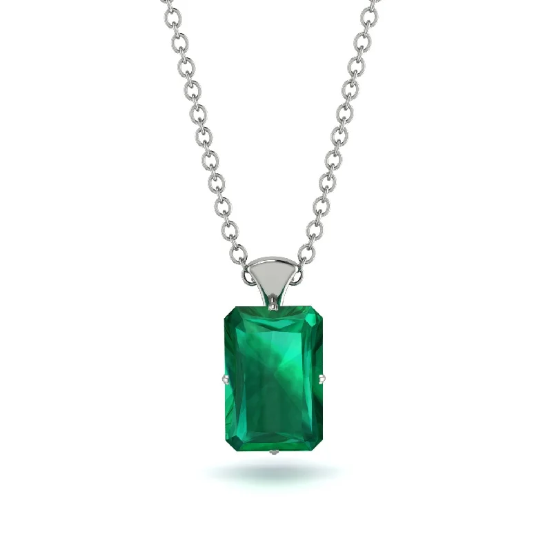 Modern Gold Necklace with Simple Pendant-Hidden Halo Emerald Cut Emerald Necklace - Vanessa No. 66