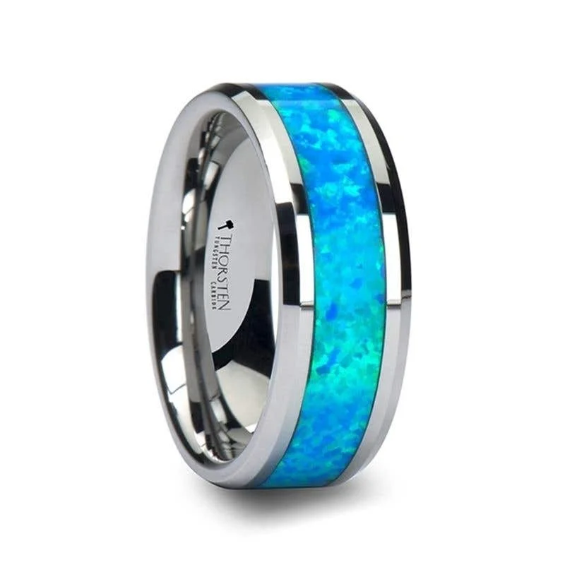 Personalized Ring with Gemstones for Couple’s Anniversary-Thorsten QUASAR Tungsten Wedding Band with Blue Green Opal Inlay - 4mm - 10mm