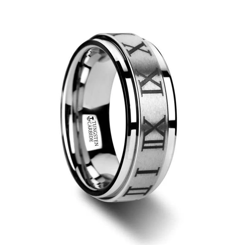 Luxury Sapphire Wedding Ring for Special Occasions-Thorsten IMPERIUS Roman Numeral Raised Center Brush Finish Tungsten Carbide Spinner Ring - 8mm