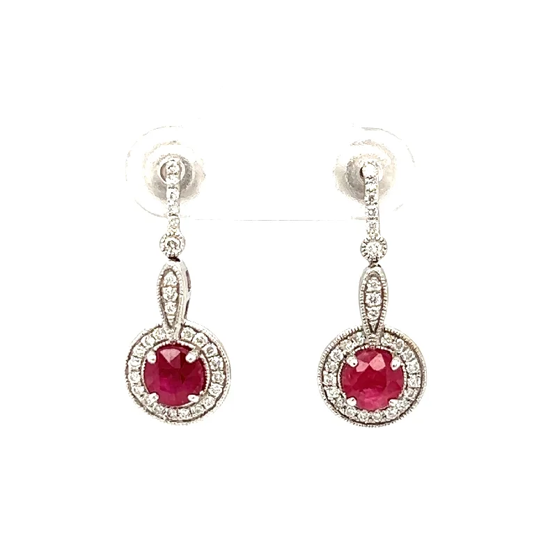 Custom Diamond Stud Earrings-14k White Gold Vintage Ruby & Diamond Earrings by IJC