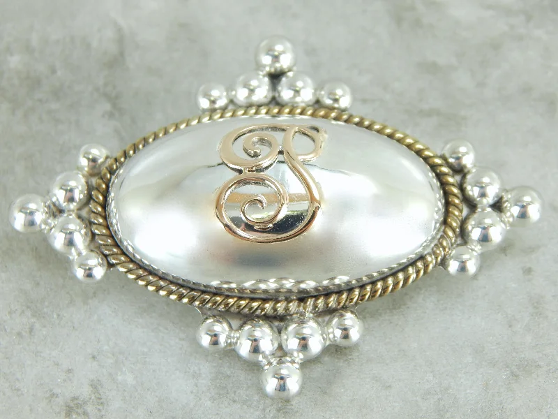 Beautiful Designer Brooch-P Monogramed Brooch or Pendant in Silver and Gold