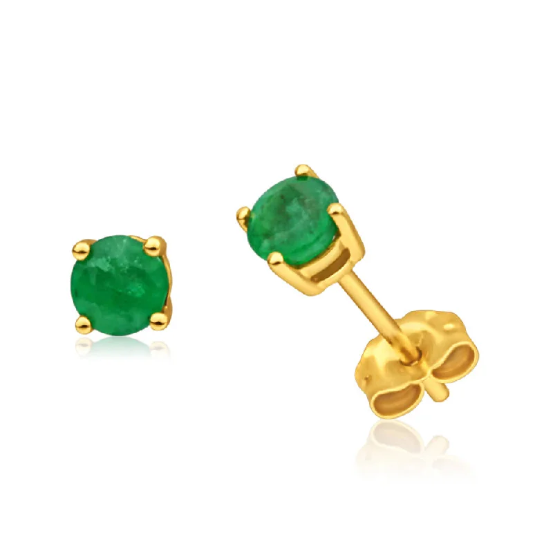 Stylish Earrings with Colored Gems-9ct Yellow Gold Natural Emerald Stud Earrings