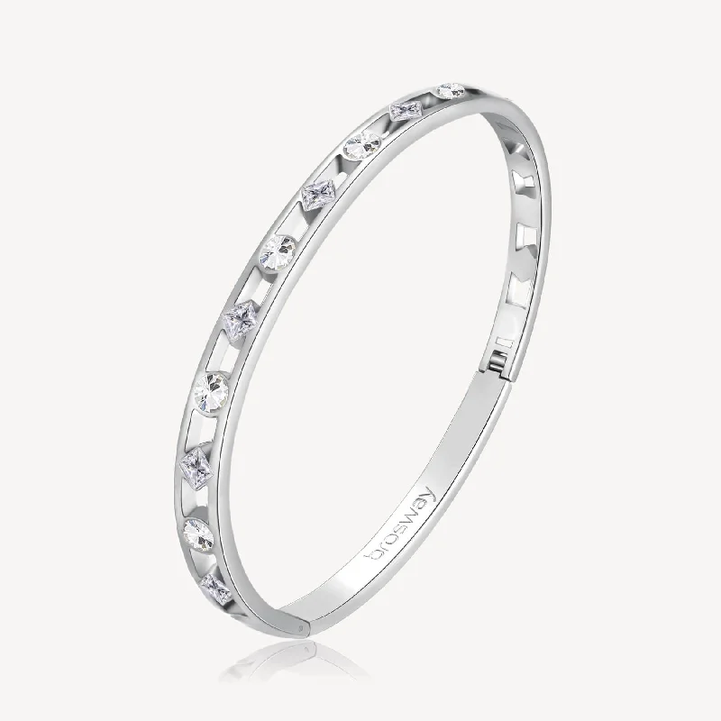 Classic Silver Bangles with Simple Polished Look-Stainless Steel  Latching Bangle with Engraving and Crystals