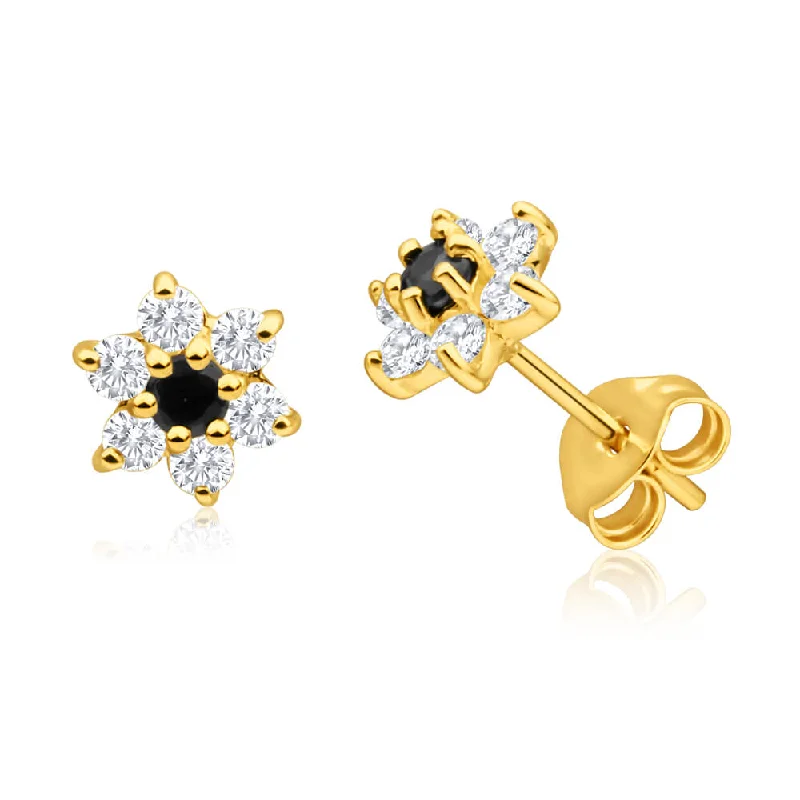 Customizable Drop Earrings-9ct Yellow Gold Cubic Zirconia + Natural Sapphire Flower Stud Earrings