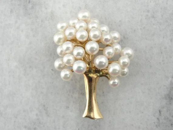 Handcrafted Brooch With Classic Design-Pearl and 14K Yellow Gold Tree Brooch