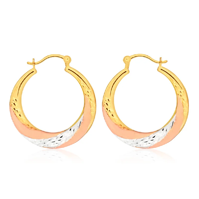 Geometric Silver Earrings-9ct Yellow Gold Silver Filled Three Tone Swirl Hoop Earrings