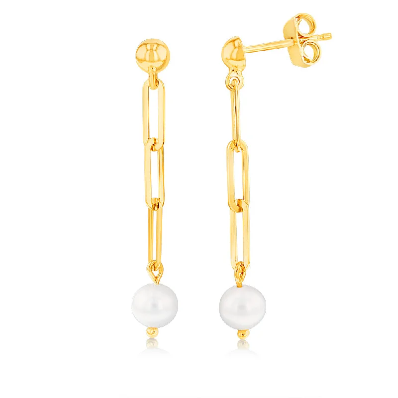 Silver Earrings with Gemstone Inlays-9ct Yellow Gold Silverfilled Pearl Links Drop Earrings