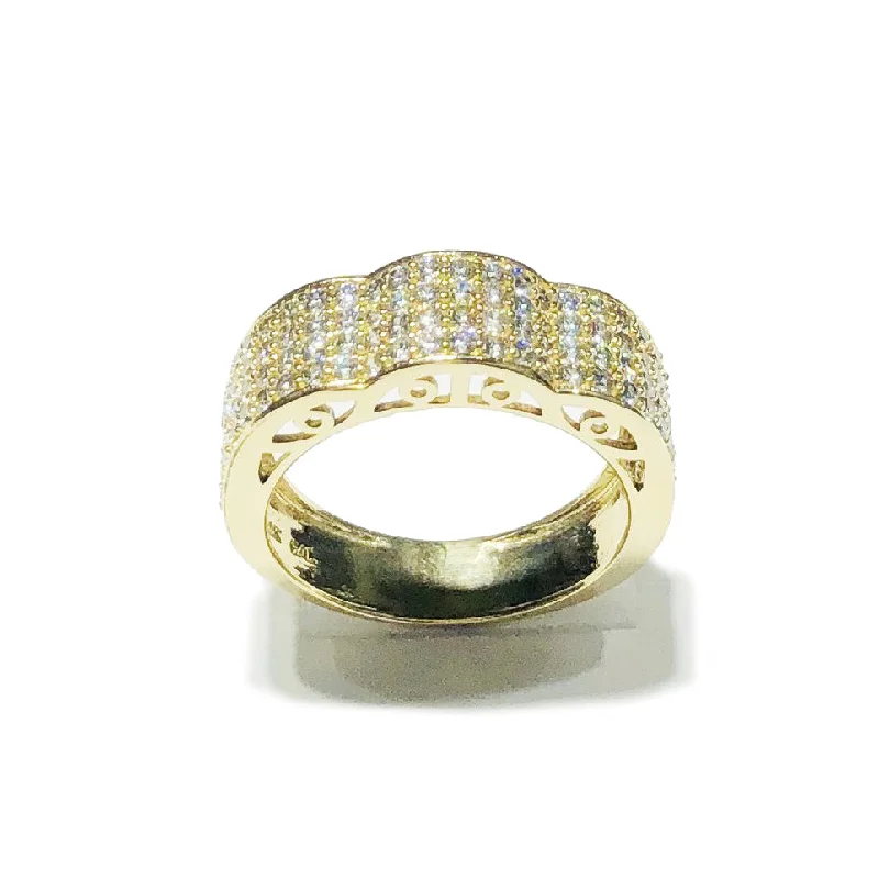 Classic Gold Ring with Sapphire Accent-Four-Row CZ Curved Ring (14K)