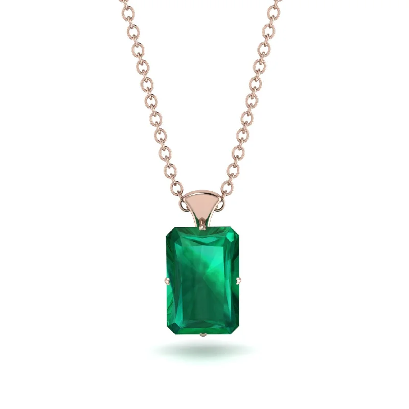 Personalized Silver Necklace for Grandmother-Hidden Halo Emerald Cut Emerald Necklace - Vanessa No. 35