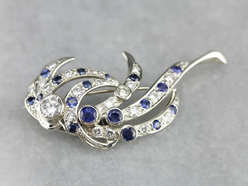 Wedding Brooch For Bridal Party-Retro Era Diamond and Sapphire Cocktail Brooch