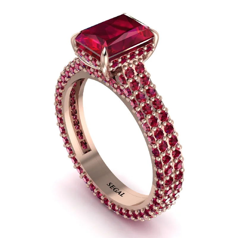 Simple Gold Ring with Custom Family Birthstones-Radiant Cut Ruby Pave Engagement Ring - Kenzie No. 56