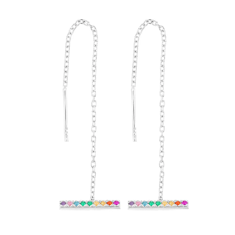 Bold Gold Drop Earrings-Sterling Silver Multicolour Zirconia Threader Earrings