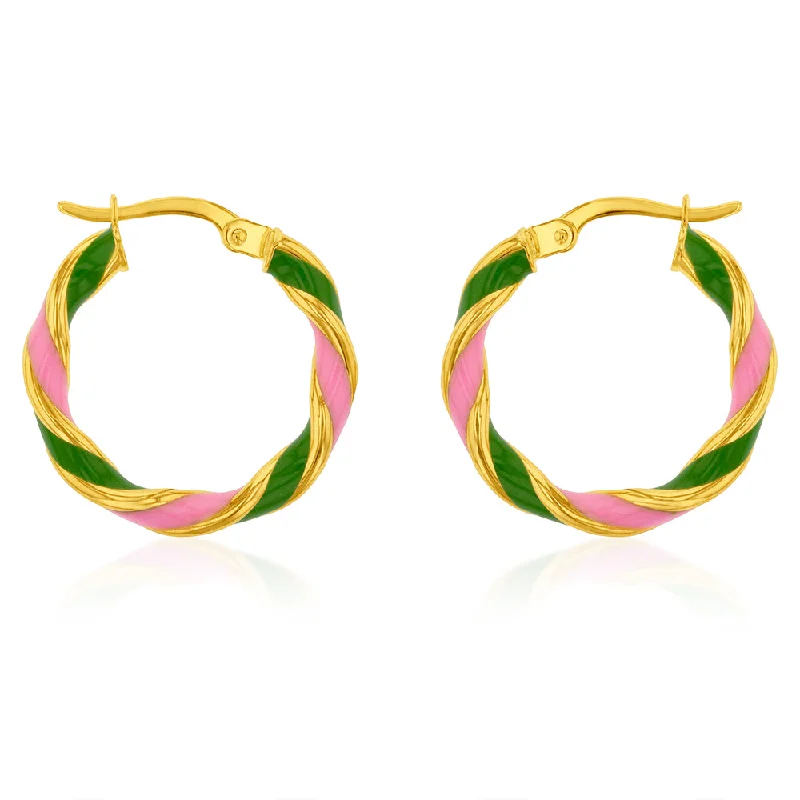 Customized Crystal Earrings-9ct Yellow Gold Silverfilled 15mm Pink And Green Enamel On Twisted Hoop Earrings